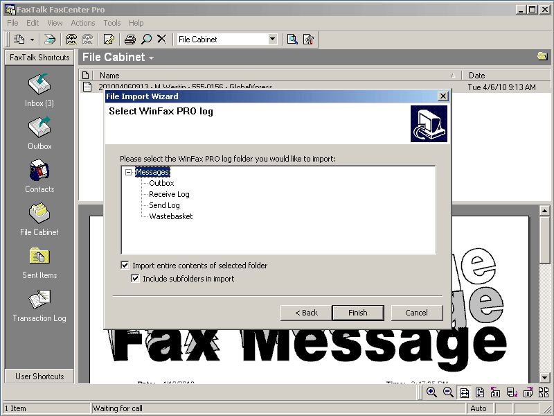 FaxTalk FaxCenter Pro WinFax PRO Import Screenshot